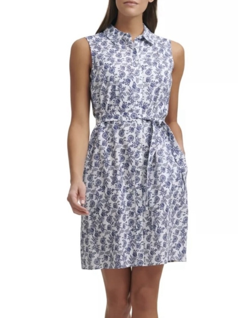 NWT Linen Cotton Blue White Floral Button Down Shirt Dress Size 14